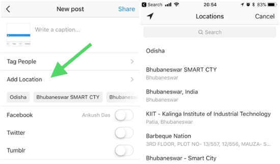 add location when posting on instagram