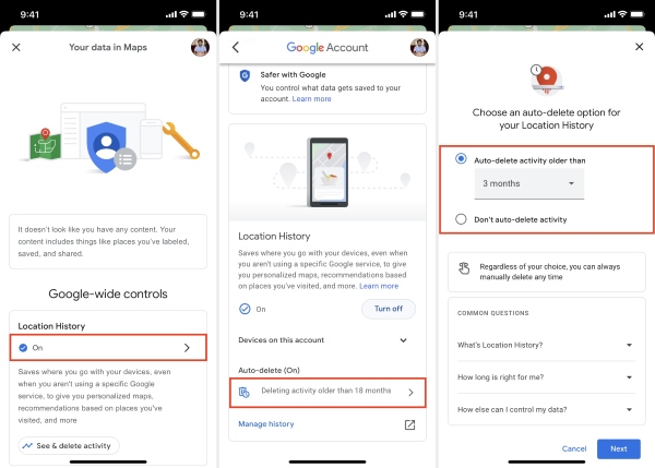adjust auto delete location history time google maps timeline