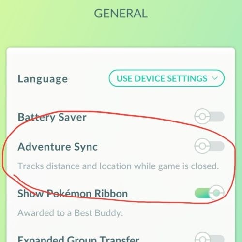 Pokémon GO settings screen showing the Adventure Sync toggle option