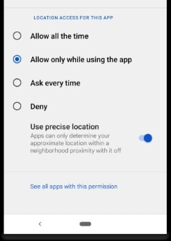 allow location only while using the app and use precise location
