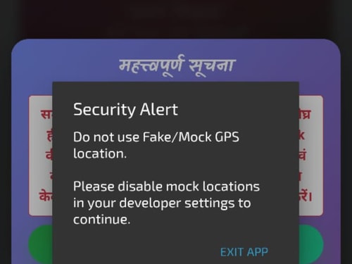 App security alert telling the user to disable mock GPS locations
