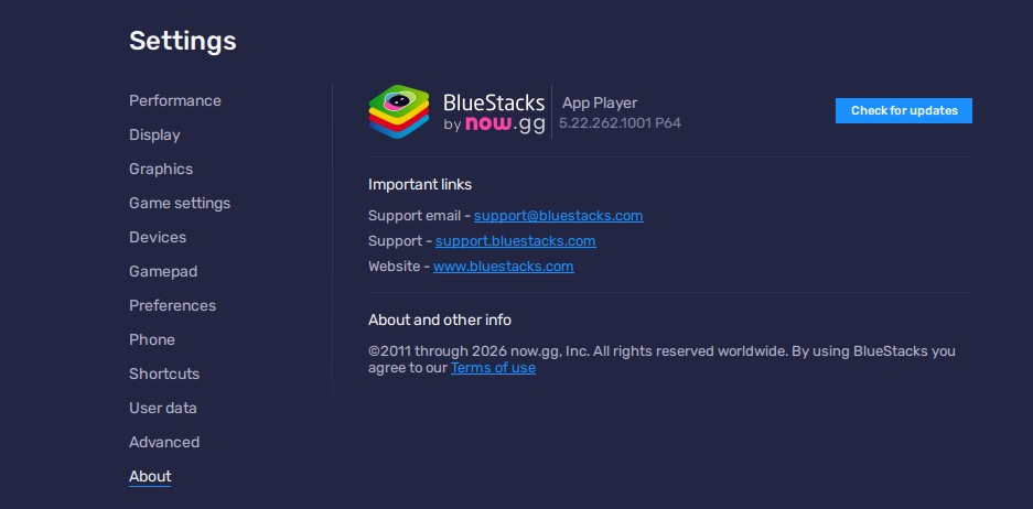 BlueStacks 5.22.262 P64 version about settings