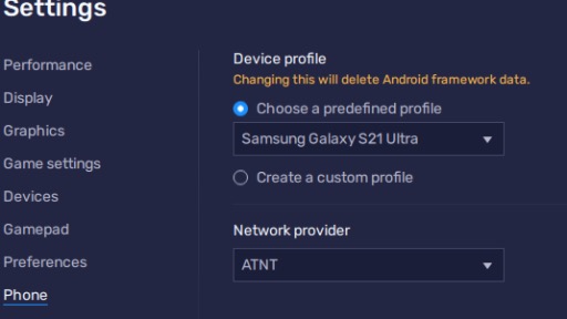 BlueStacks phone settings Samsung Galaxy S21 Ultra profile