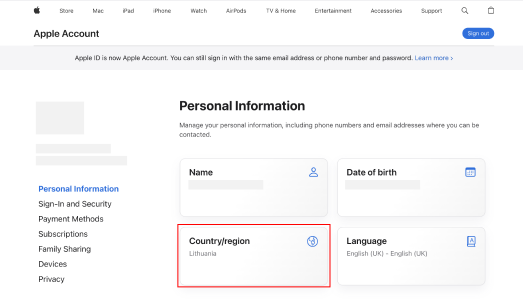 change apple account country online