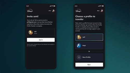 Disney Plus Extra Member invite and profile transfer screens