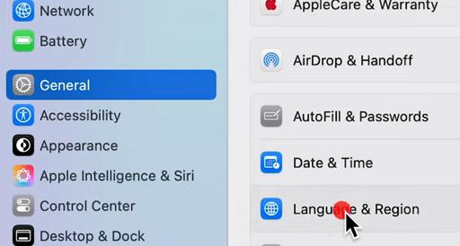 language and region setion on mac