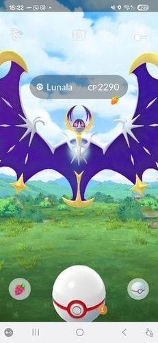 Lunala raid catch screen with Premier Ball, Golden Razz Berry, and CP 2290
