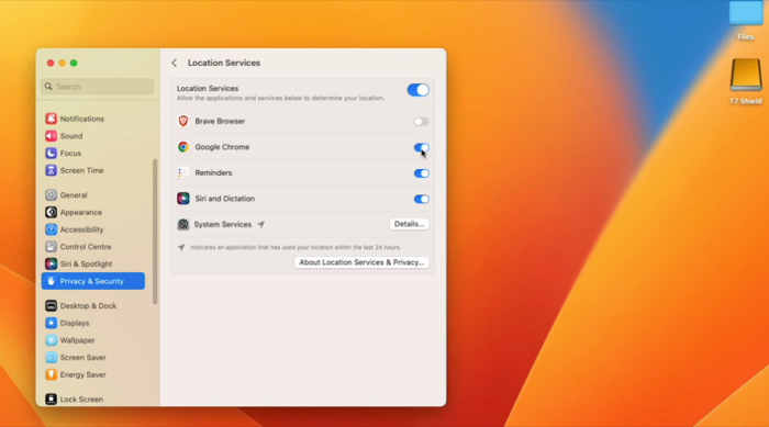 macos 定位服務設定畫面，已選取「隱私權與安全性」