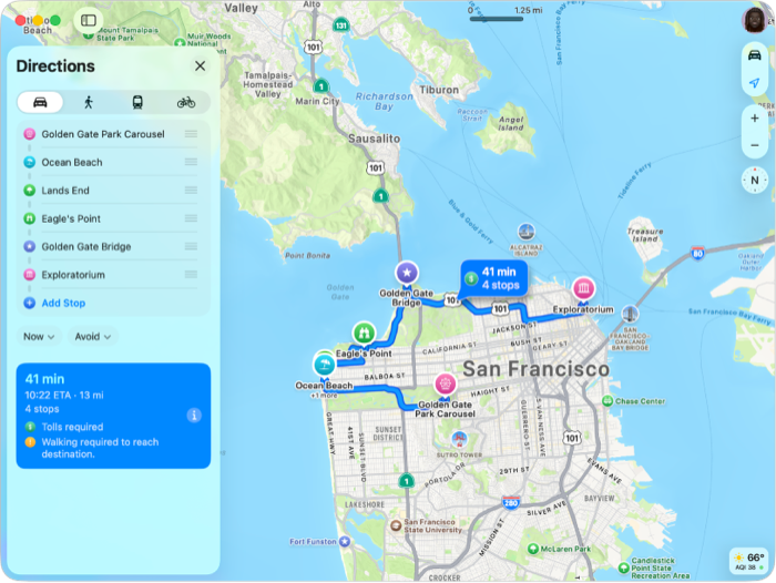 mac 上的 apple 地圖顯示舊金山位置及行車路線