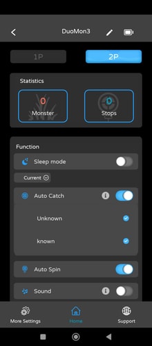 MEGACOM Center app statistics showing monster and stop counters for DuoMon 3