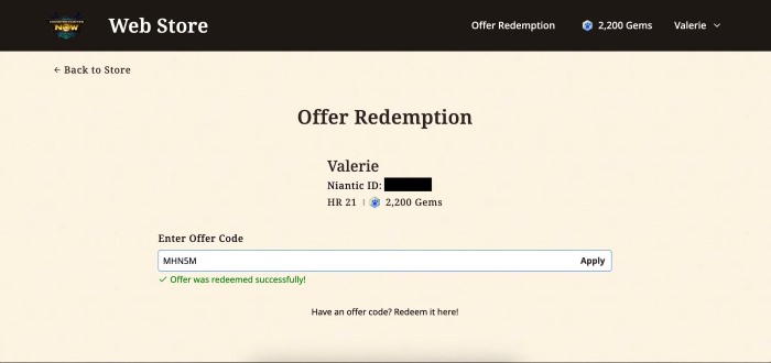 mhn redeem page