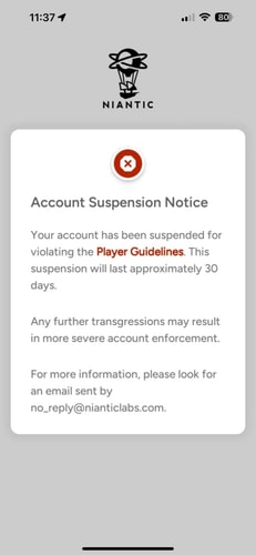 Pokémon GO official three-strike warning message showing account enforcement policy