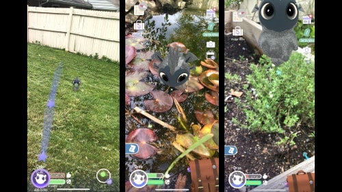 Peridot AR dot appearing in a backyard and garden during gameplay