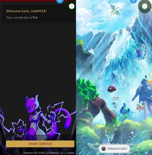 Tapping Start Service in Pokemod to launch Pokémon GO with the overlay attached