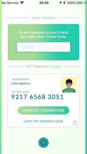 Pokémon GO Add Friend trainer code screen