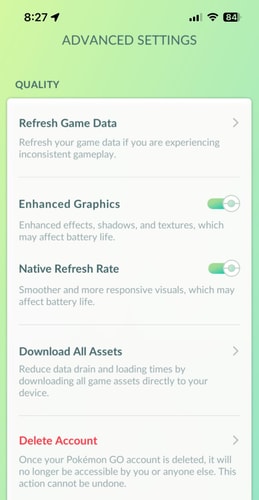 Pokémon GO Advanced Settings screen with Refresh Game Data