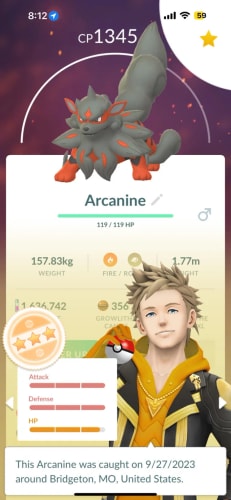 Pokémon GO appraisal screen showing 3-star rating with Attack, Defense, and HP stat bars