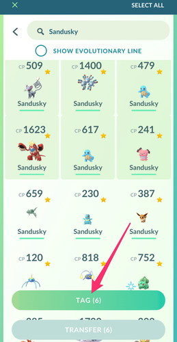 Pokémon GO multi-select mode with TAG button for batch tagging