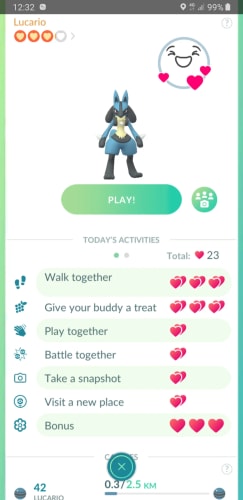 Best Buddy Lucario with heart progress bar showing affection hearts and daily activities