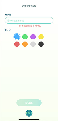 Pokémon GO create tag screen with name field and color selection