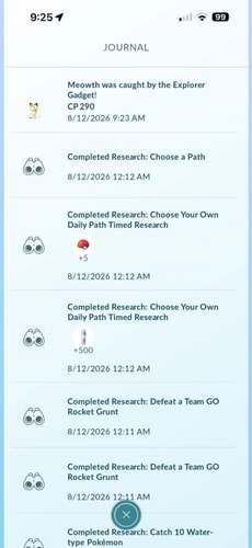 Journal entry showing a Pokémon caught by Explorer Gadget
