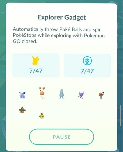 Explorer Gadget activity summary with catch and PokéStop counts