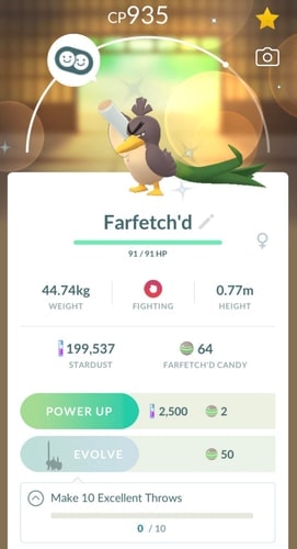 Galarian Farfetch'd Pokémon GO screen showing Make 10 Excellent Throws to evolve
