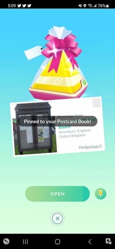Pin icon on Pokémon GO gift postcard screen