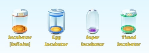 Four types of Pokémon GO Incubators: Infinite, Standard, Super, and Timed