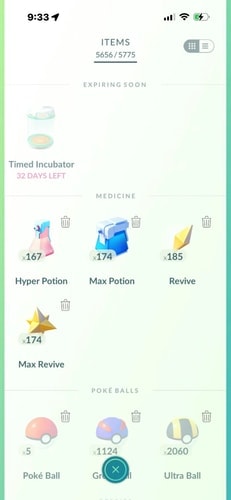 Pokémon GO item bag showing regular Poké Balls