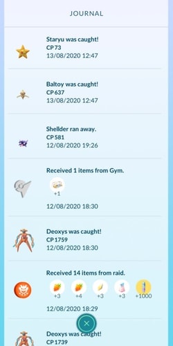 Pokémon GO Journal showing catches, Gym items, and raid rewards