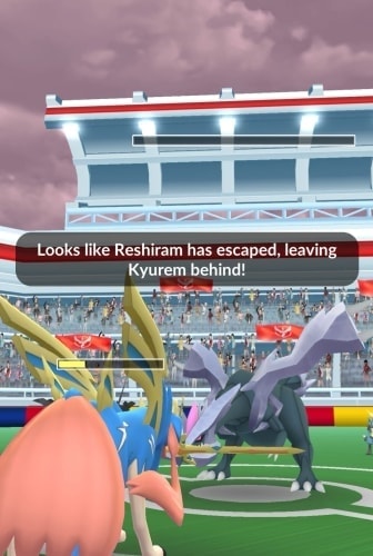 Kyurem raid battle scene in Pokémon GO gym