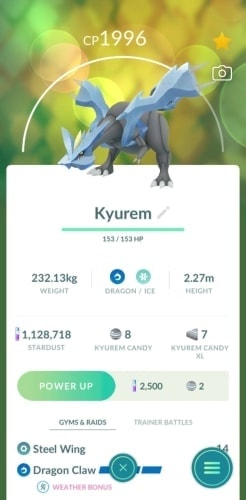 Kyurem stats page showing Dragon and Ice typing