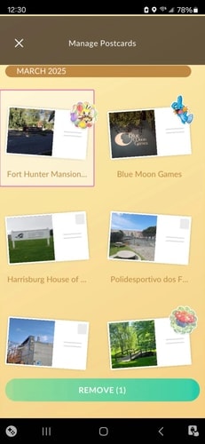 Pokémon GO Manage Postcards REMOVE button screen