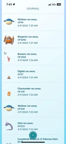Journal showing multiple Pokémon fleeing after the first throw