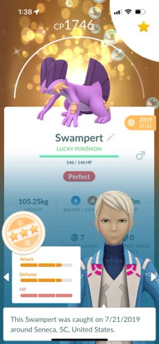 Perfect IV Swampert with three stars and Perfect appraisal rating showing 15/15/15 IVs