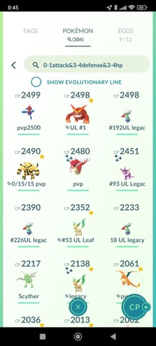 PvP search results filtered by 0-1attack&3-4defense&3-4hp showing Pokémon with low Attack and high Defense/HP IVs