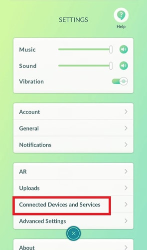 Pokémon GO Settings menu showing "Connected Devices and Services" option