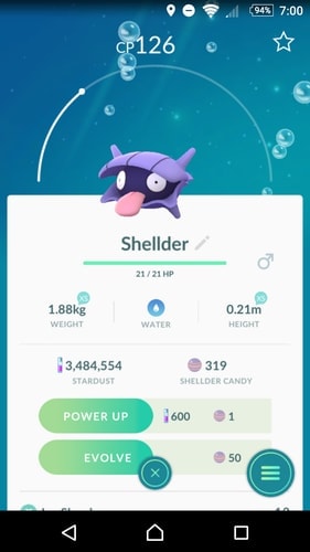 Pokémon GO Shellder summary screen
