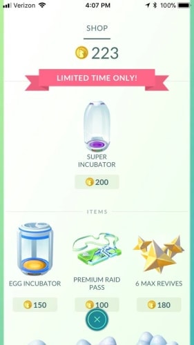 Pokémon GO Shop showing Super Incubator for 200 PokéCoins and Egg Incubator for 150 PokéCoins