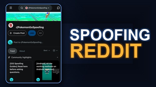 r/PokemonGoSpoofing on a phone next to the words Spoofing Reddit