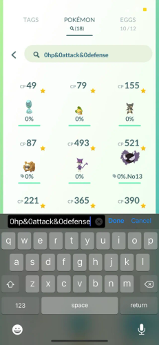 Pokémon GO storage search bar with combined filter query