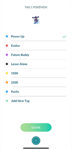 Pokémon GO tag assignment screen showing colored tag list for a single Pokémon