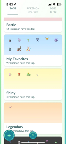 Pokémon GO tags list showing Battle, My Favorites, Shiny, and Legendary categories