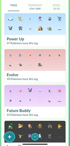 Pokémon GO tags overview showing Power Up, Evolve, and Future Buddy categories