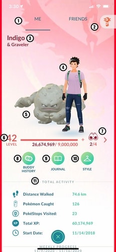 Pokémon GO trainer profile Style screen