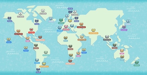 Pokémon GO Vivillon habitat map with regional patterns