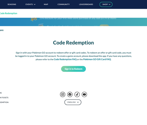 Pokémon GO Web Store Code Redemption page Sign in to Redeem