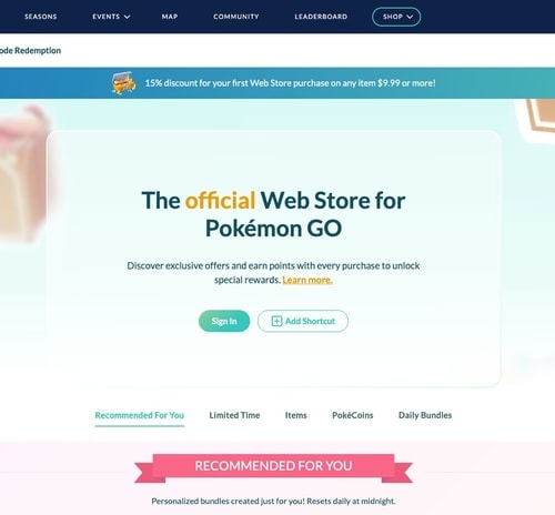 Pokémon GO Web Store official homepage with Sign In and store categories