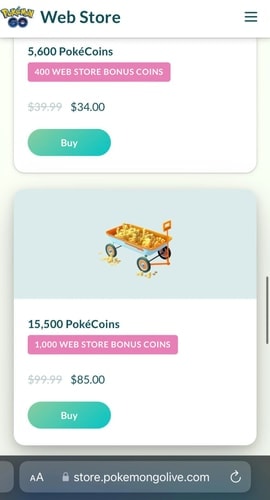 Pokémon GO Web Store PokéCoins bundles with Web Store bonus coins